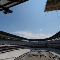 Construction continues on the Buffalo Bills new stadium, across the street from their current home at Highmark Stadium, in Orchard Park, NY Thursday, July 10, 2025. This is the view from one of the end zoneâ€™s looking out into the stadium.