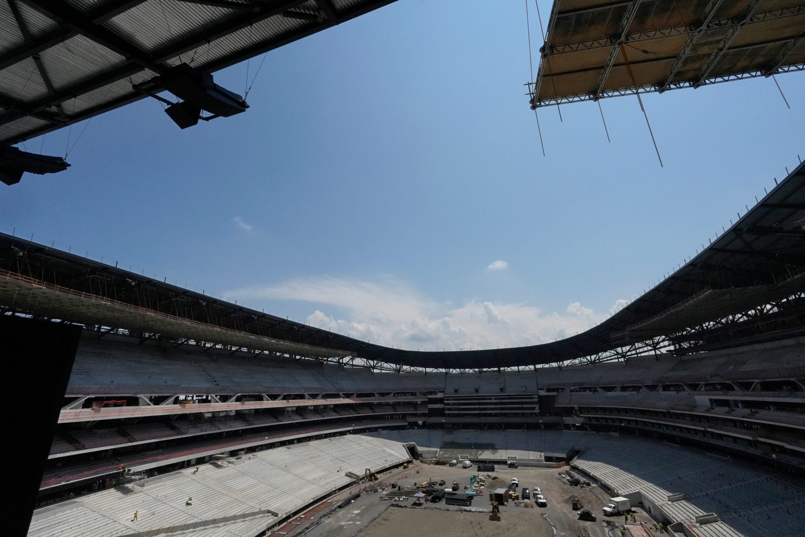 Construction continues on the Buffalo Bills new stadium, across the street from their current home at Highmark Stadium, in Orchard Park, NY Thursday, July 10, 2025. This is the view from one of the end zoneâ€™s looking out into the stadium.