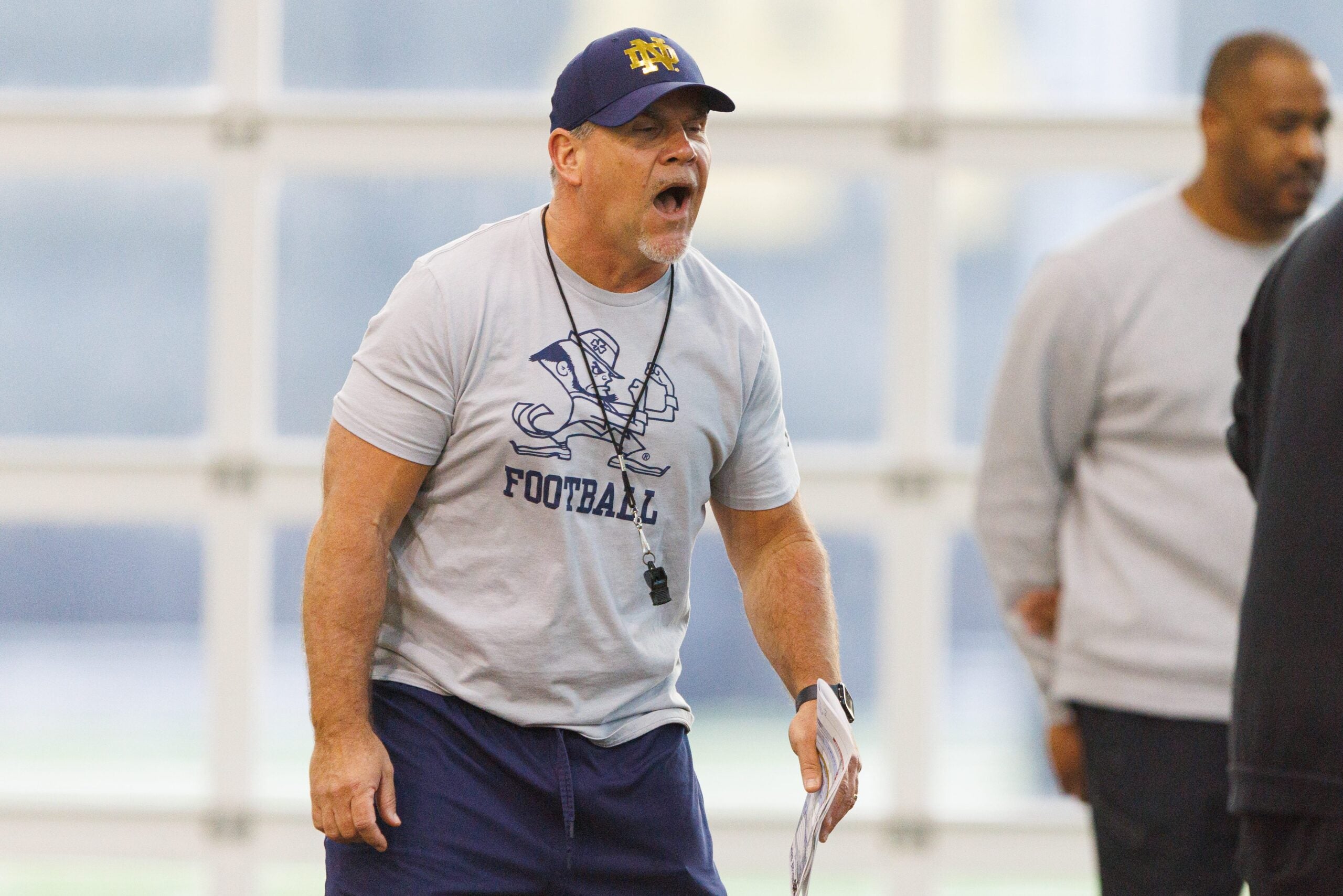 Defensive line coach Charlie Partridge during a Notre Dame football practice at Irish Athletic Center on Wednesday, April 8, 2026, in South Bend.