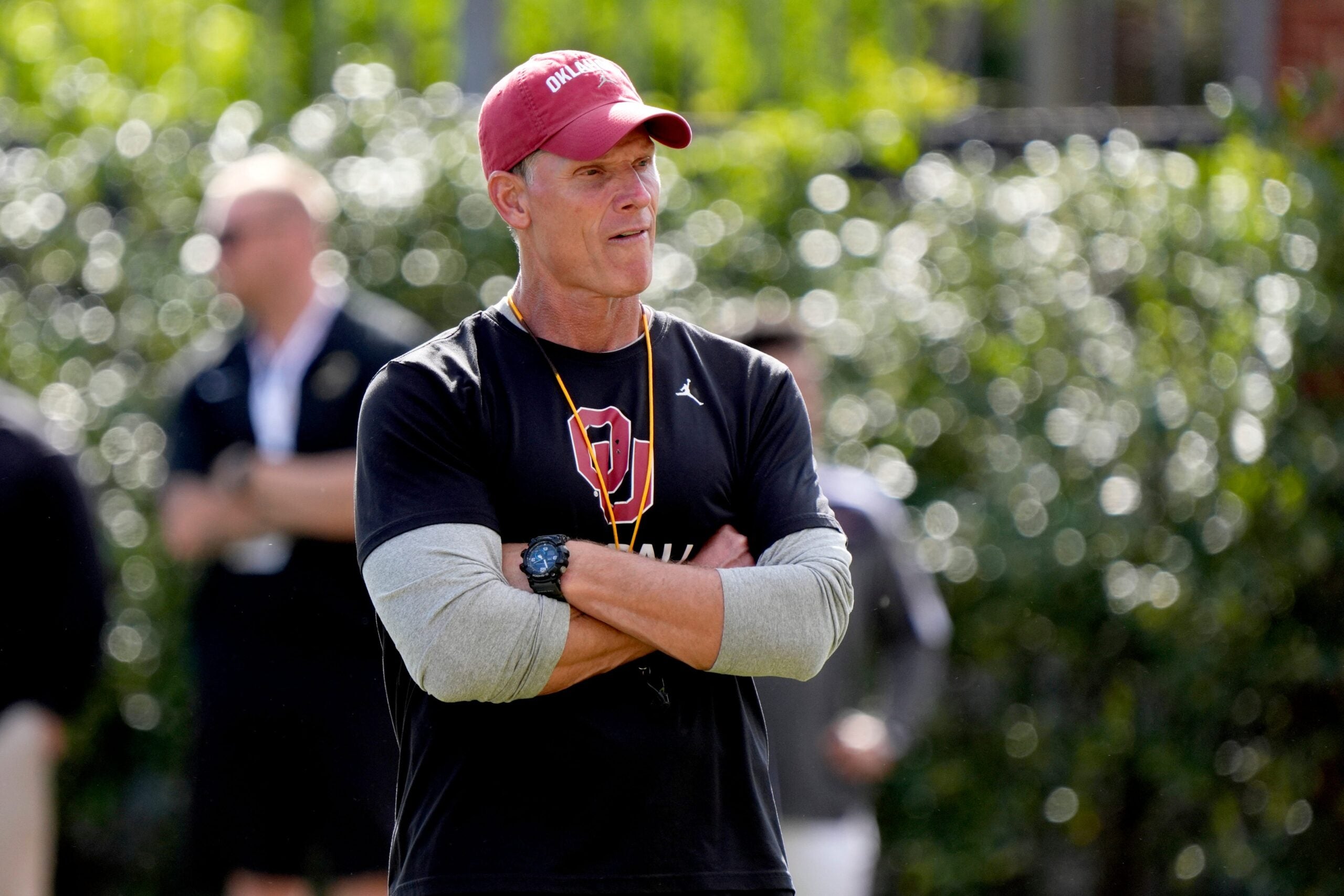 Oklahoma coach Brent Venables watches during a Sooners football spring practice in Norman, Okla., Thursday, April 9, 2026.