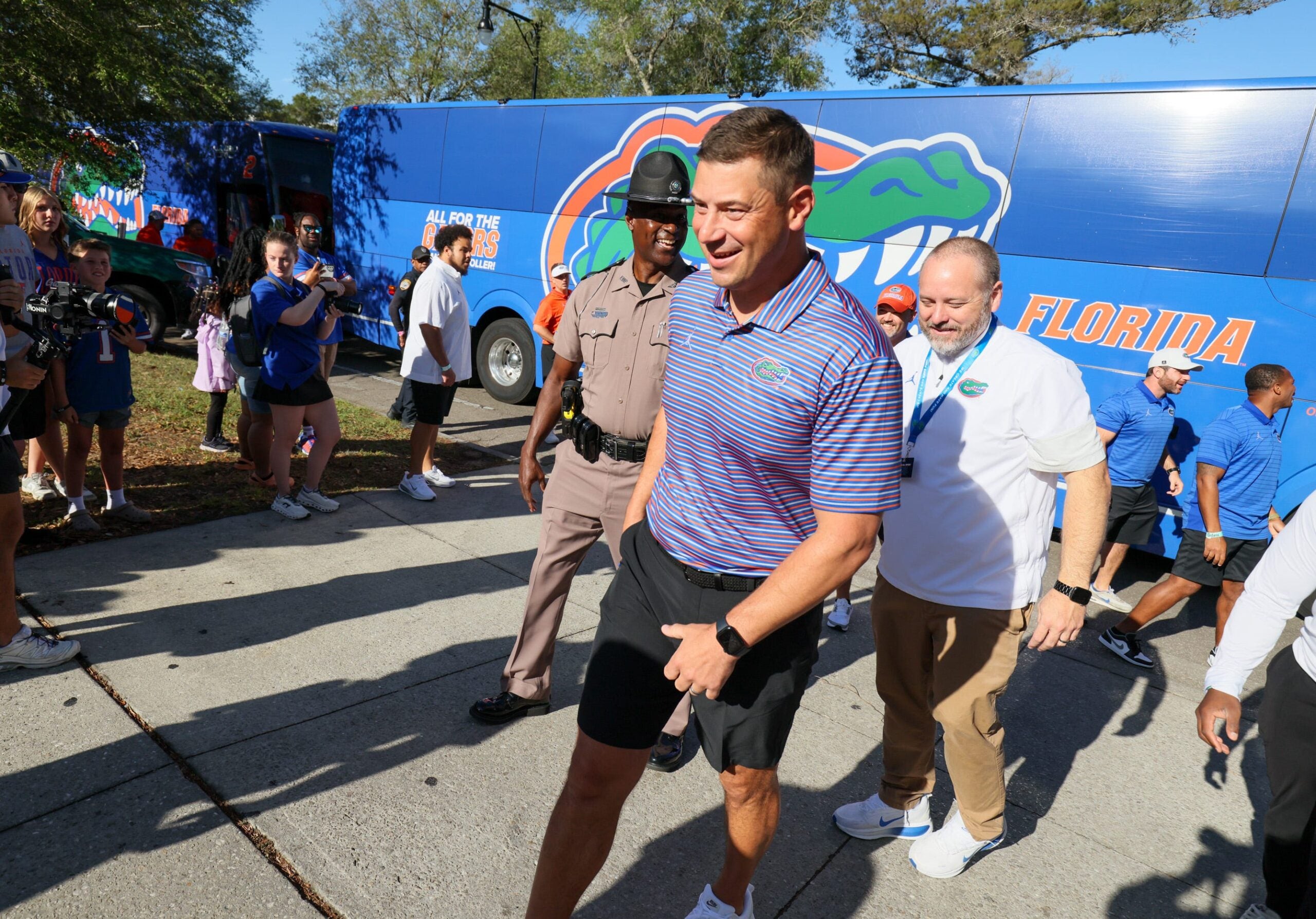 Florida Head Coach Jon Sumrall greats fans as he heads to the locker room during Gator Walk before the Orange and Blue game at Steve Spurrier Field at Ben Hill Griffin Stadium in Gainesville, FL on Saturday, April 11, 2026.
