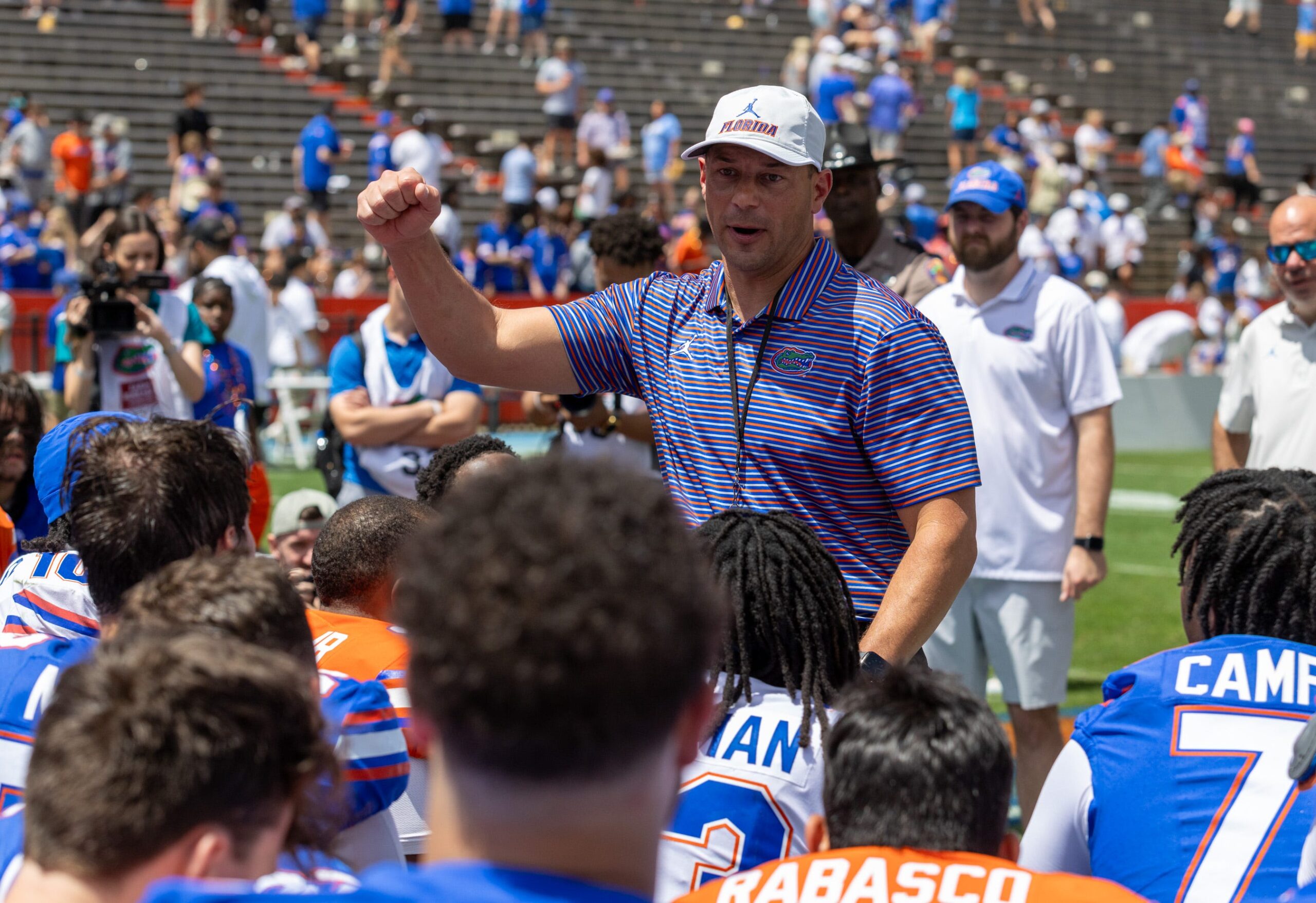 Florida head coach Jon Sumrall speaks to the team after the Orange and Blue game at Steve Spurrier Field at Ben Hill Griffin Stadium in Gainesville, FL on Saturday, April 11, 2026.