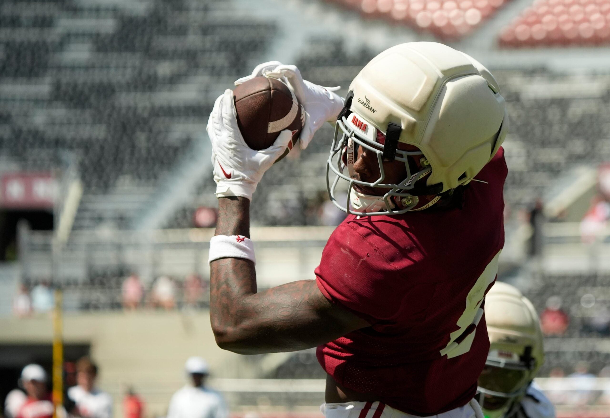 April 11, 2026; Tuscaloosa, AL, USA; Alabama Crimson Tide wide receiver Cederian Morgan (8) makes a catch for a touchdown at Bryant-Denny Stadium during the Alabama A Day scrimmage.