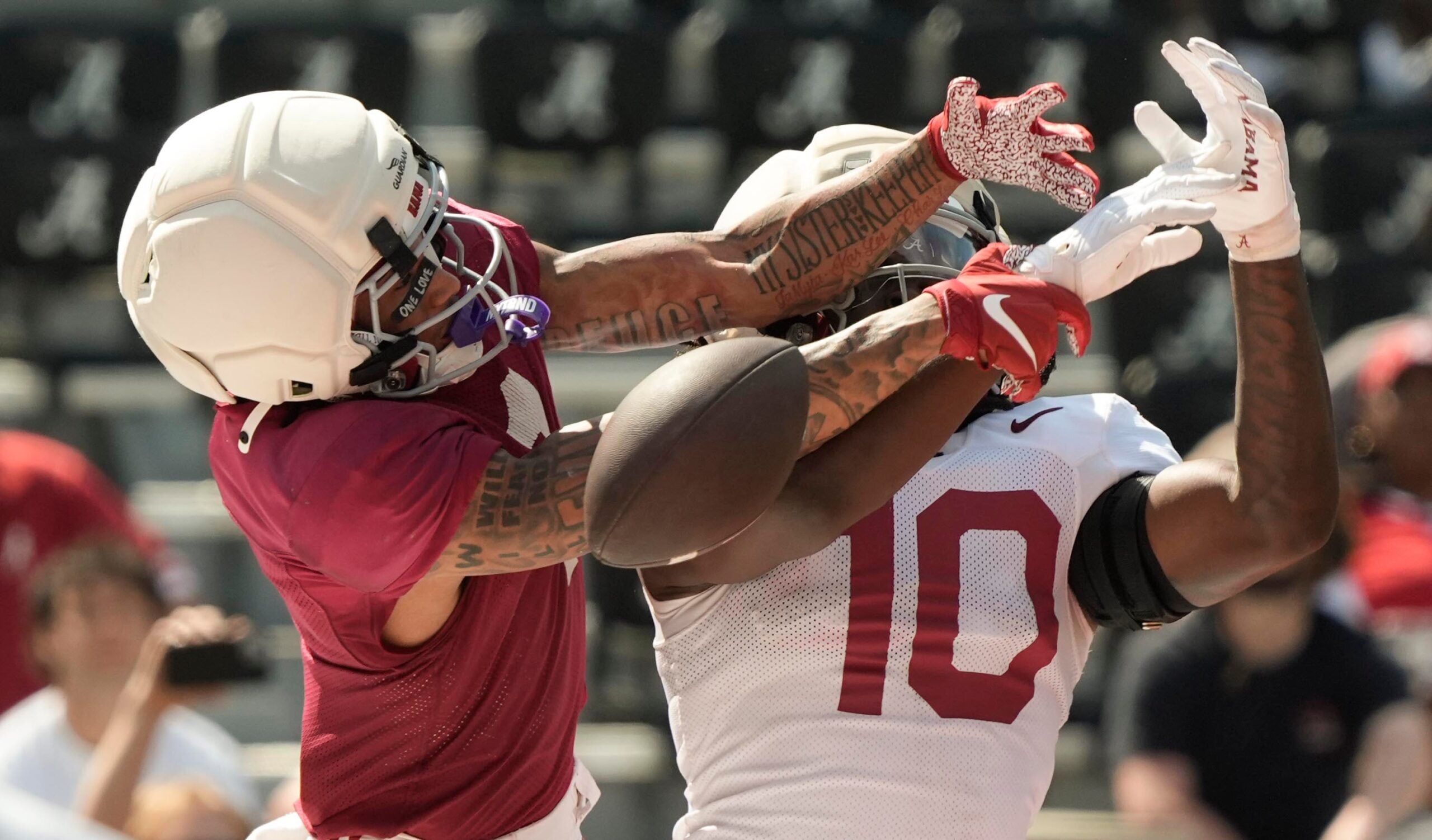 April 11, 2026; Tuscaloosa, AL, USA; A pass intended for Ryan Williams is broken up by Jireh Edwards at Bryant-Denny Stadium during the Alabama A Day scrimmage.