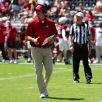 Apr 11, 2026; Tuscaloosa, AL, USA; Alabama Crimson Tide head coach Kalen DeBoer observes during the Alabama A-Day spring football scrimmage game at Saban Field at Bryant-Denny Stadium.