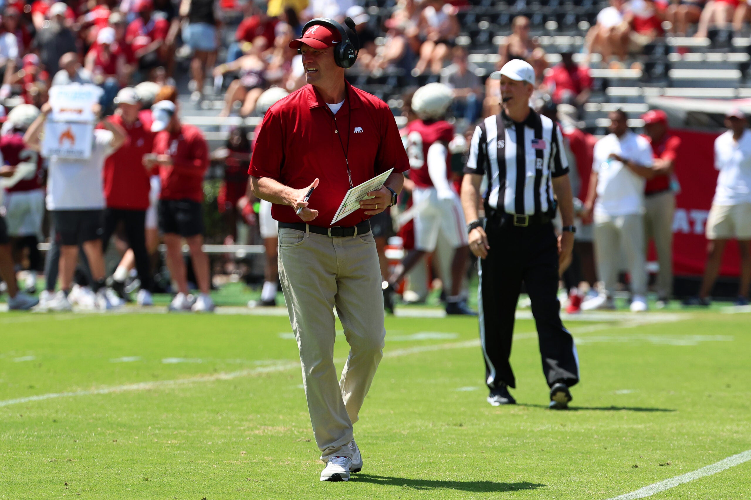 Apr 11, 2026; Tuscaloosa, AL, USA; Alabama Crimson Tide head coach Kalen DeBoer observes during the Alabama A-Day spring football scrimmage game at Saban Field at Bryant-Denny Stadium.