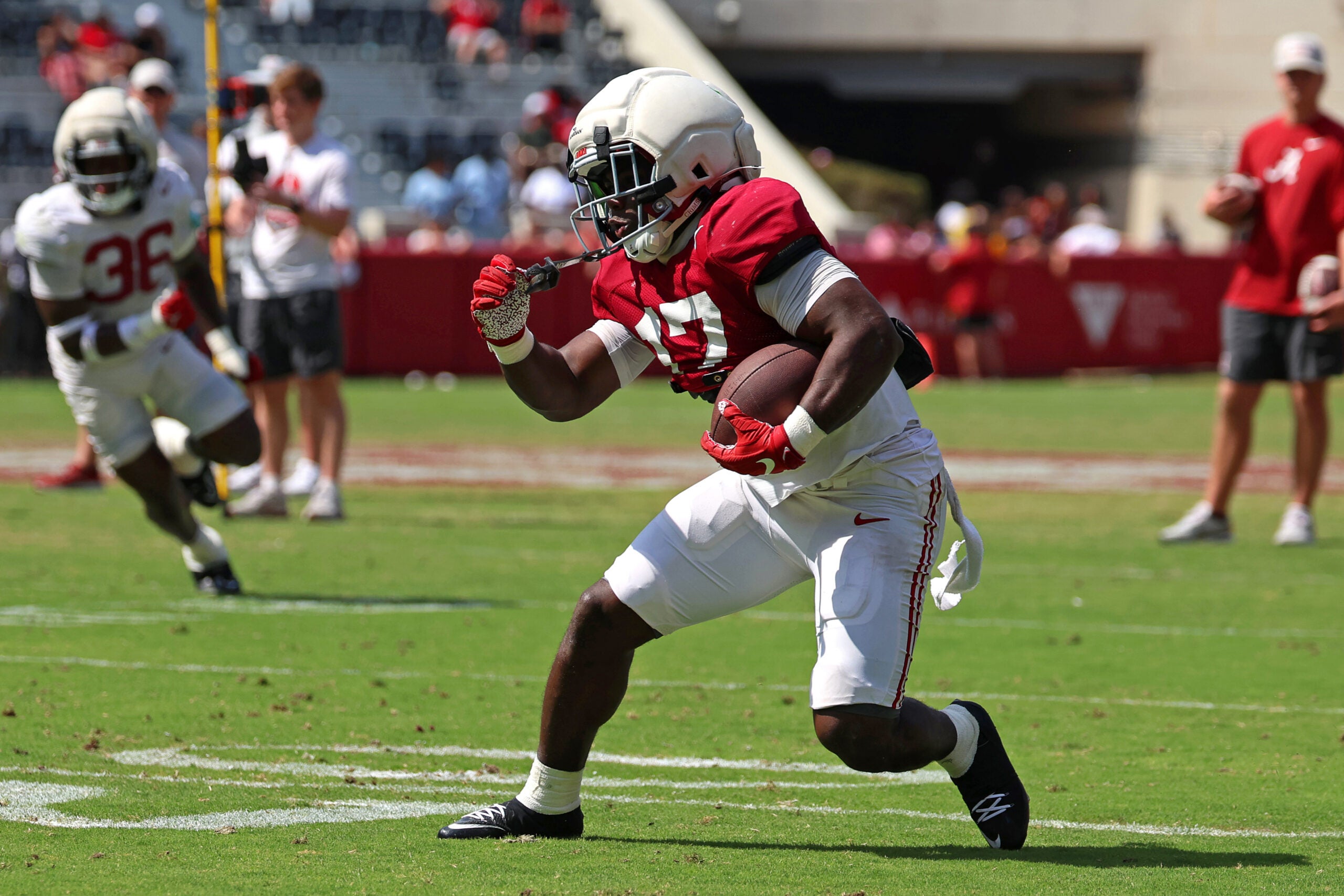 Apr 11, 2026; Tuscaloosa, AL, USA; Alabama Crimson Tide running back Trae’shawn Brown (17) carries the ball during the Alabama A-Day spring football scrimmage game at Saban Field at Bryant-Denny Stadium.
