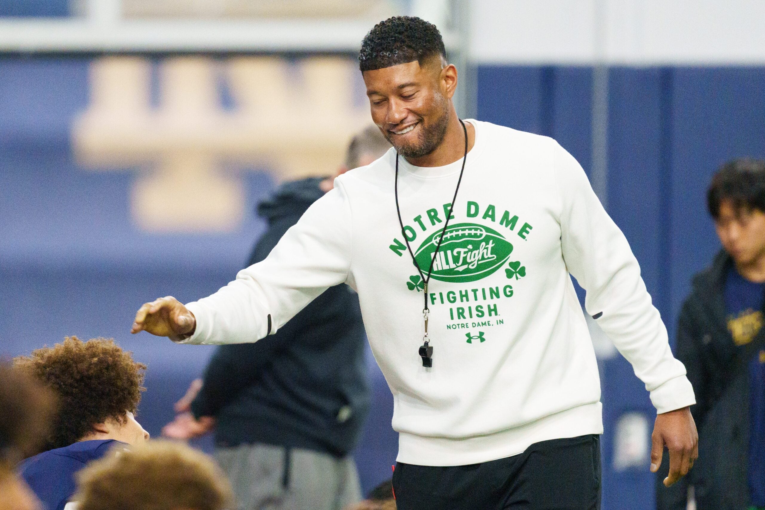 Head coach Marcus Freeman greets players during a Notre Dame football practice at Irish Athletic Center on Saturday, April 18, 2026, in South Bend.