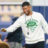 Head coach Marcus Freeman greets players during a Notre Dame football practice at Irish Athletic Center on Saturday, April 18, 2026, in South Bend.