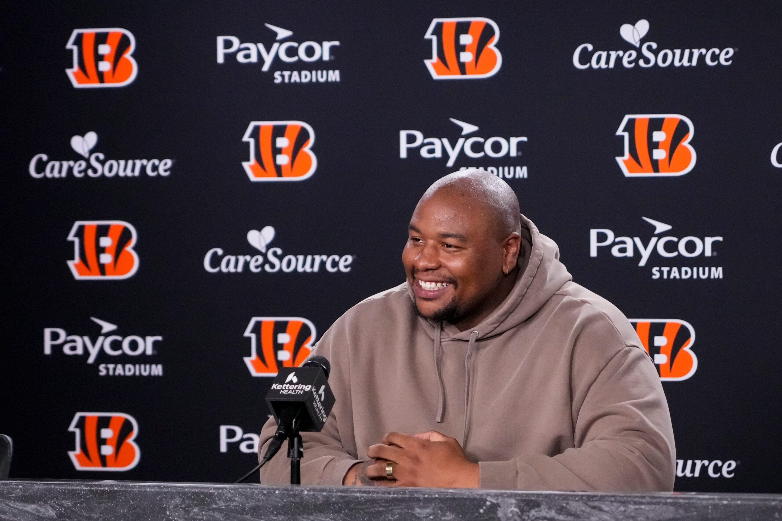 Newly signed Cincinnati Bengals defense tackle Dexter Lawrence speaks in a press conference for the first time since joining the team at Paycor Stadium in Cincinnati on Monday, April 20, 2026.