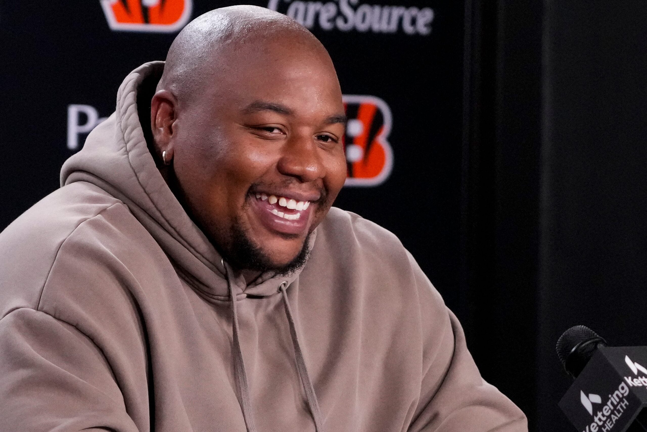 Newly signed Cincinnati Bengals defense tackle Dexter Lawrence speaks in a press conference for the first time since joining the team at Paycor Stadium in Cincinnati on Monday, April 20, 2026.