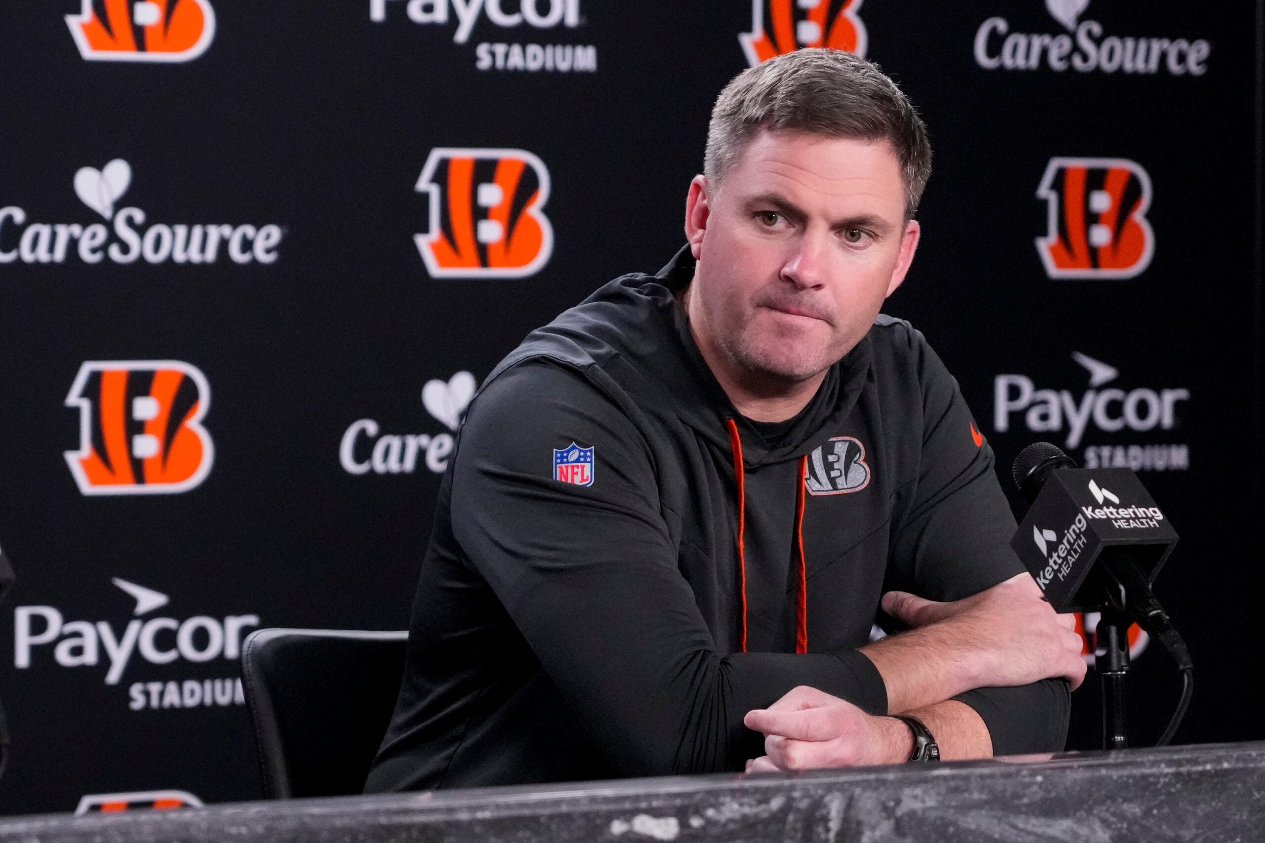 Cincinnati Bengals head coach Zac Taylor talks about newly signed defense tackle Dexter Lawrence in a press conference at Paycor Stadium in Cincinnati on Monday, April 20, 2026.