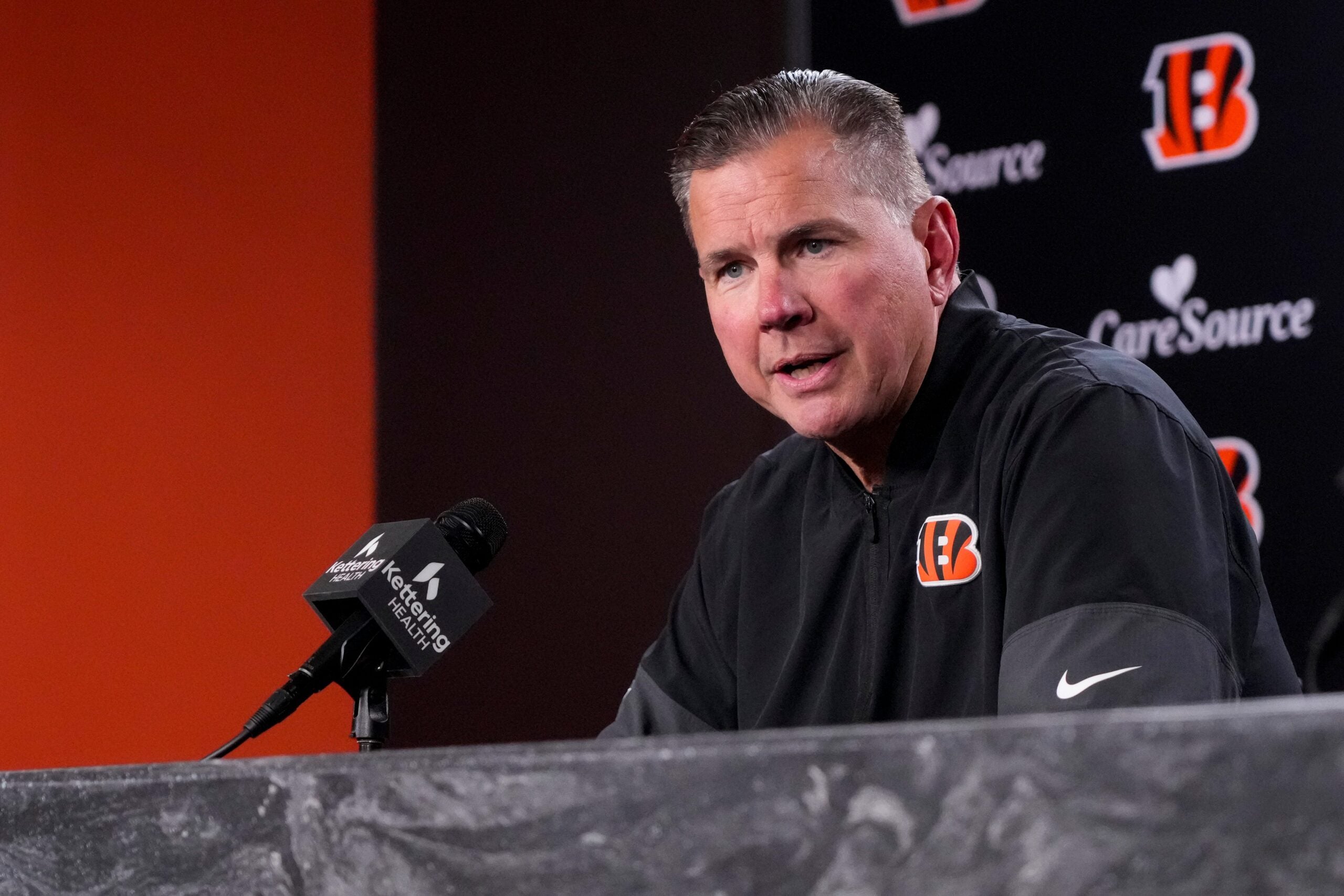 Cincinnati Bengals defensive coordinator Al Golden talks about newly signed defense tackle Dexter Lawrence in a press conference at Paycor Stadium in Cincinnati on Monday, April 20, 2026.