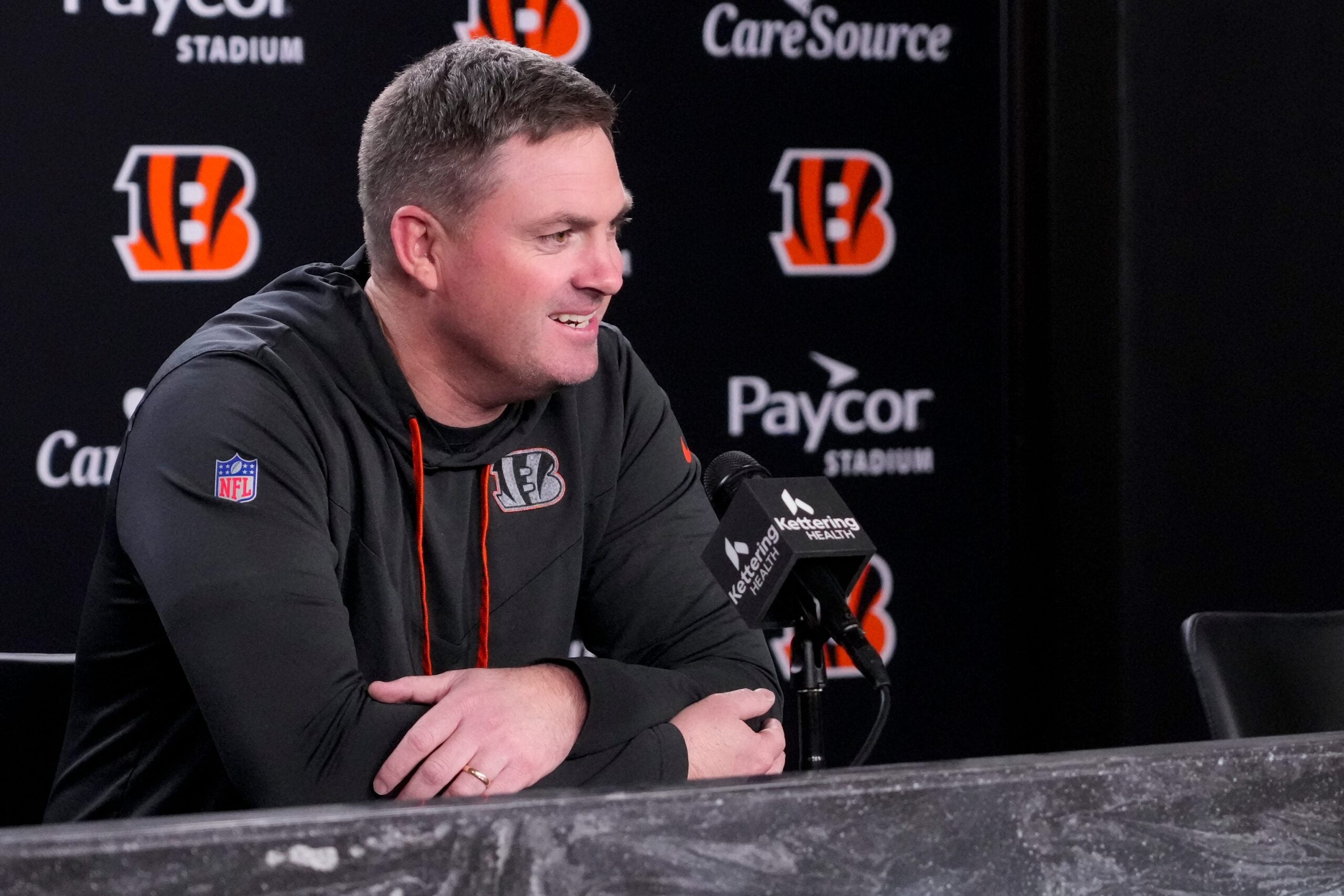 Cincinnati Bengals head coach Zac Taylor talks about newly signed defense tackle Dexter Lawrence in a press conference at Paycor Stadium in Cincinnati on Monday, April 20, 2026.