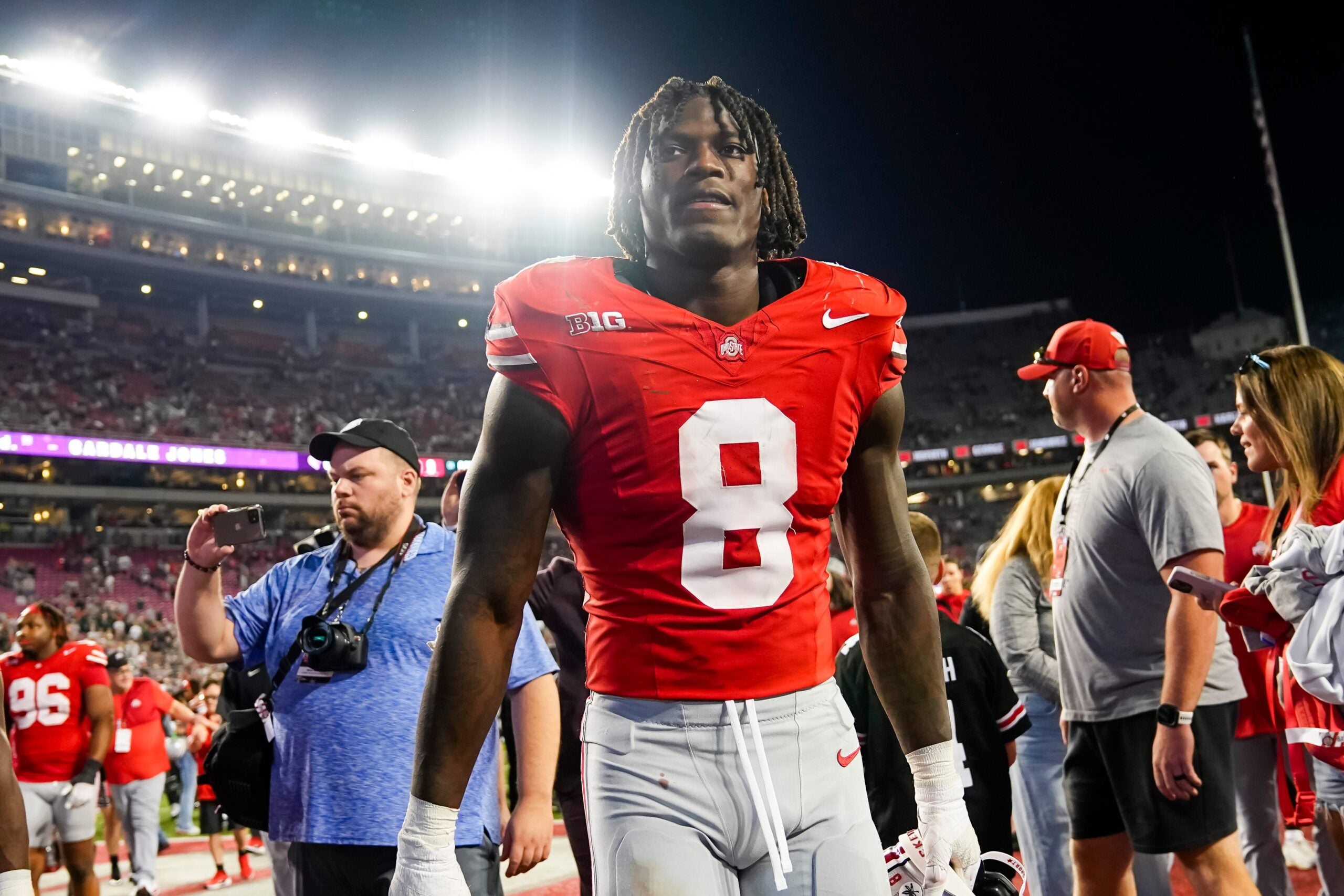 Ohio State Buckeyes linebacker Arvell Reese (8) leaves the field following the NCAA football game against the Ohio Bobcats at Ohio Stadium on Sept. 13, 2025. Ohio State won 37-9.