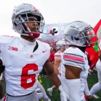 Nov 4, 2023; Piscataway, New Jersey, USA; Ohio State Buckeyes safety Sonny Styles (6) and cornerback Davison Igbinosun (1) take the field prior to the NCAA football game against the Rutgers Scarlet Knights at SHI Stadium. Ohio State won 35-16.