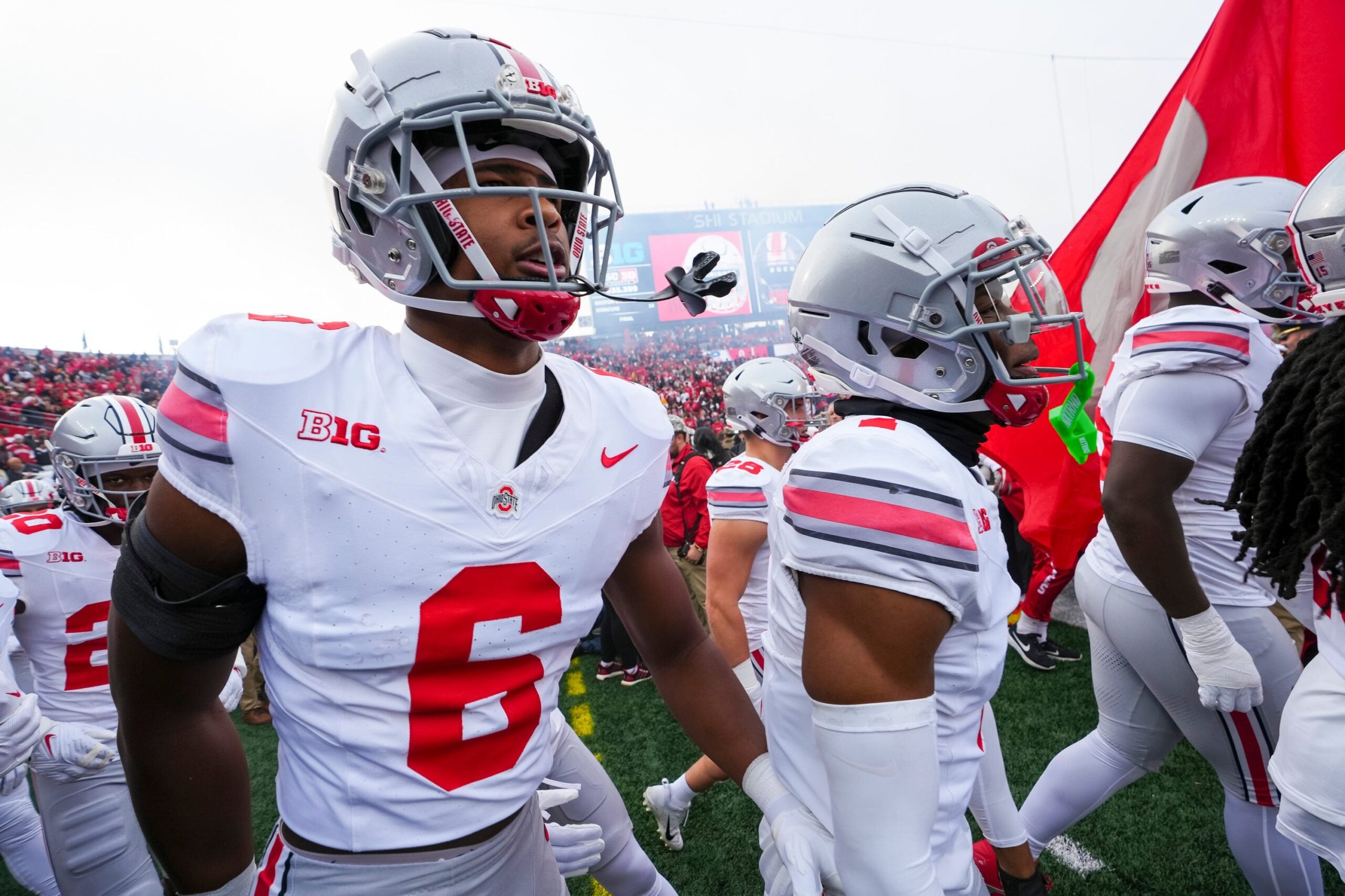 Nov 4, 2023; Piscataway, New Jersey, USA; Ohio State Buckeyes safety Sonny Styles (6) and cornerback Davison Igbinosun (1) take the field prior to the NCAA football game against the Rutgers Scarlet Knights at SHI Stadium. Ohio State won 35-16.