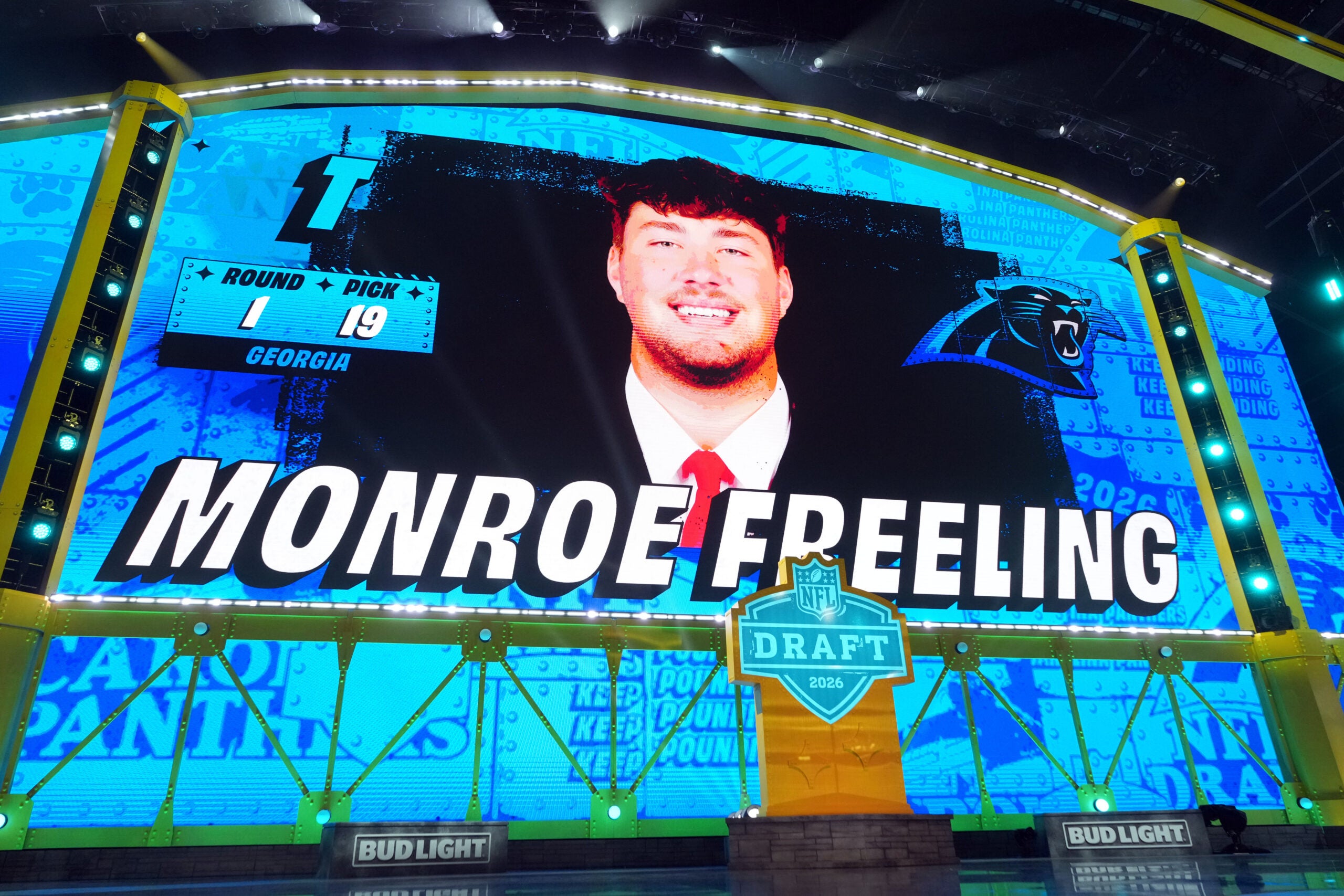 Apr 23, 2026; Pittsburgh, PA, USA; Georgia Bulldogs offensive lineman Monroe Freeling is selected by the Carolina Panthers as the number 19 pick during the 2026 NFL Draft at Acrisure Stadium.
