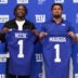 Apr 24, 2026; East Rutherford, NJ, USA; New York Giants draft picks Arvell Reese and Francis Mauigoa pose for a photo during the introductory press conference at Quest Diagnostics Training Center.