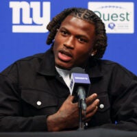 Apr 24, 2026; East Rutherford, NJ, USA; New York Giants draft pick Arvell Reese addresses the media during the introductory press conference at Quest Diagnostics Training Center.