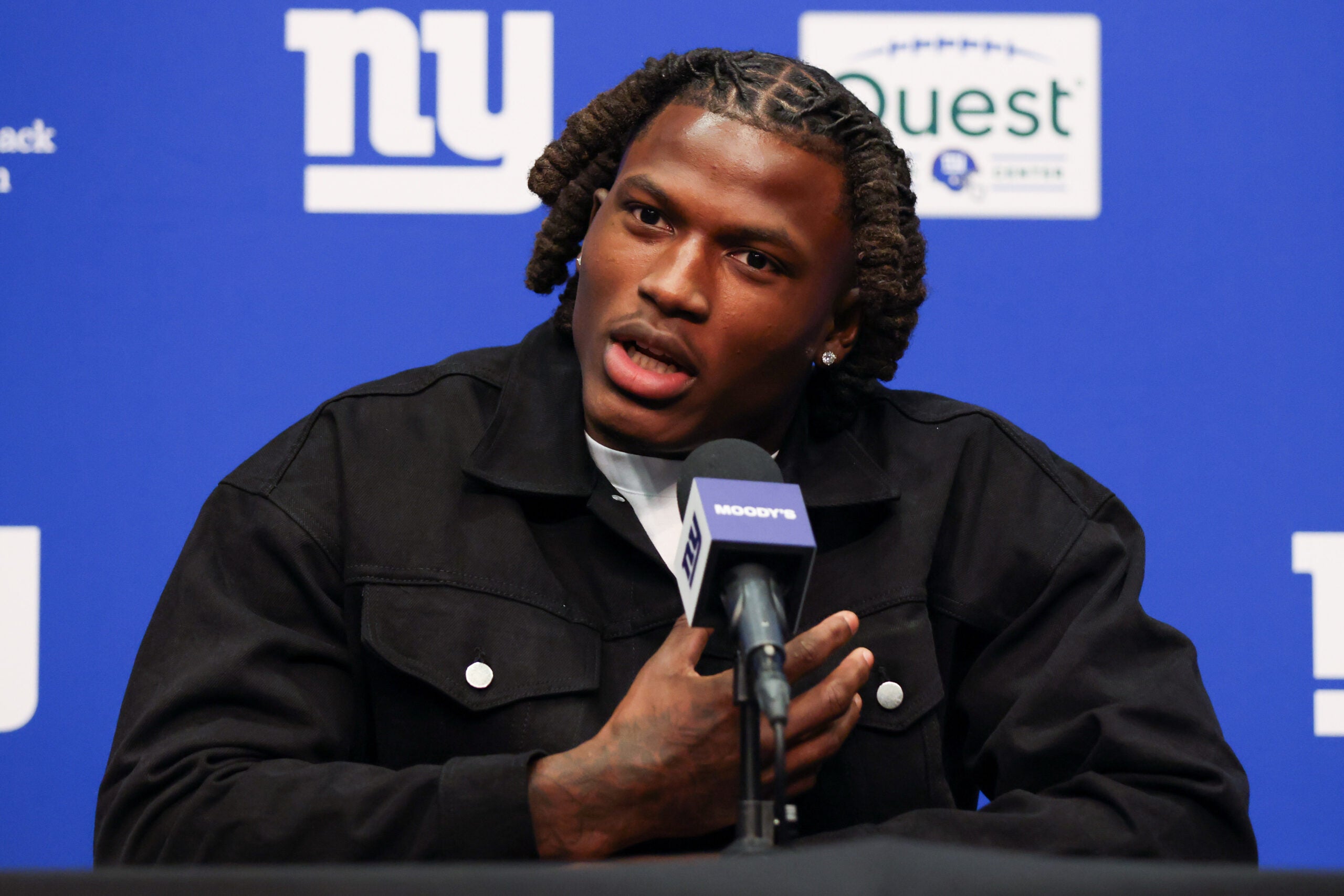 Apr 24, 2026; East Rutherford, NJ, USA; New York Giants draft pick Arvell Reese addresses the media during the introductory press conference at Quest Diagnostics Training Center.