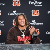 Cincinnati Bengals second round pick Cashius Howell speaks with media during the 2026 NFL Draft, Saturday, April 25, 2026, at Paycor Stadium in downtown Cincinnati.