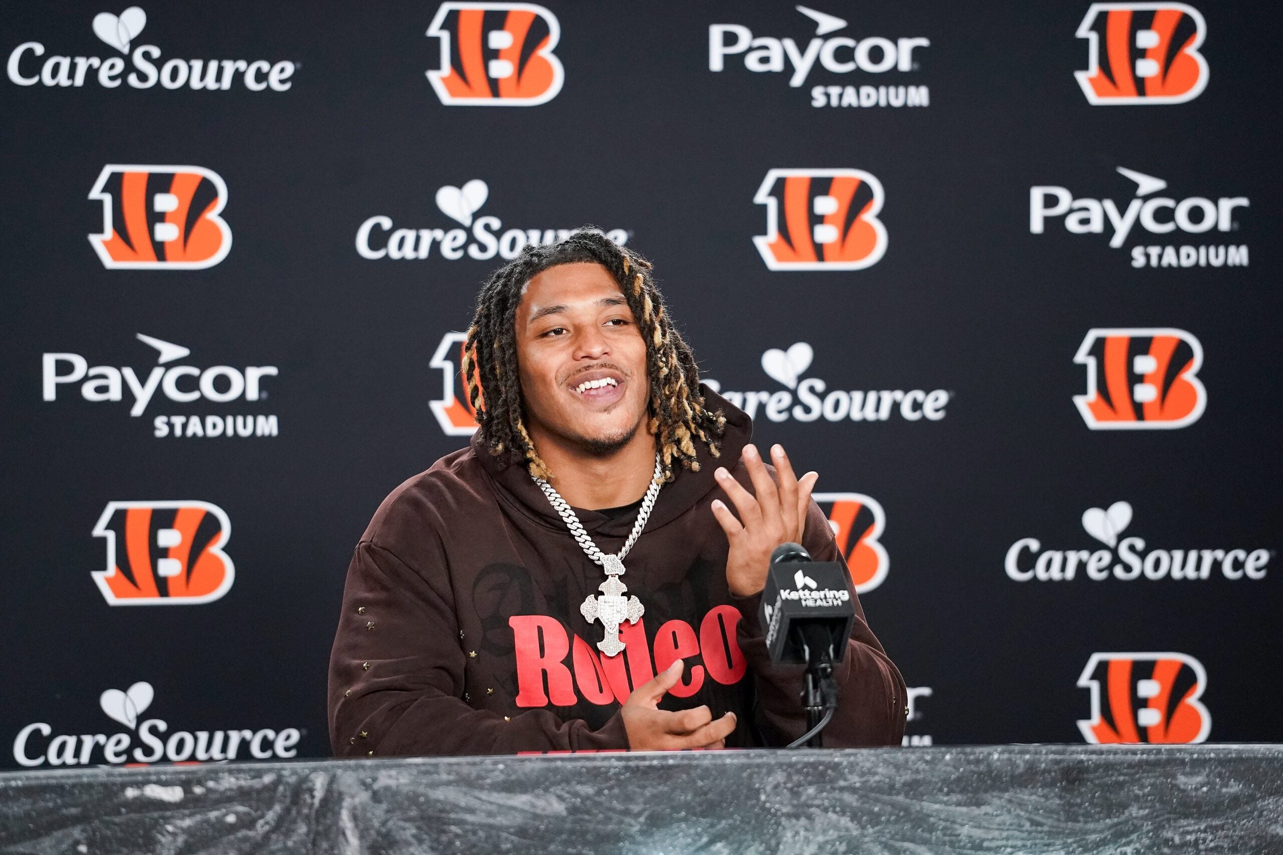 Cincinnati Bengals second round pick Cashius Howell speaks with media during the 2026 NFL Draft, Saturday, April 25, 2026, at Paycor Stadium in downtown Cincinnati.