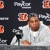 Cincinnati Bengals third round pick Tacario Davis speaks with media during the 2026 NFL Draft, Saturday, April 25, 2026, at Paycor Stadium in downtown Cincinnati.