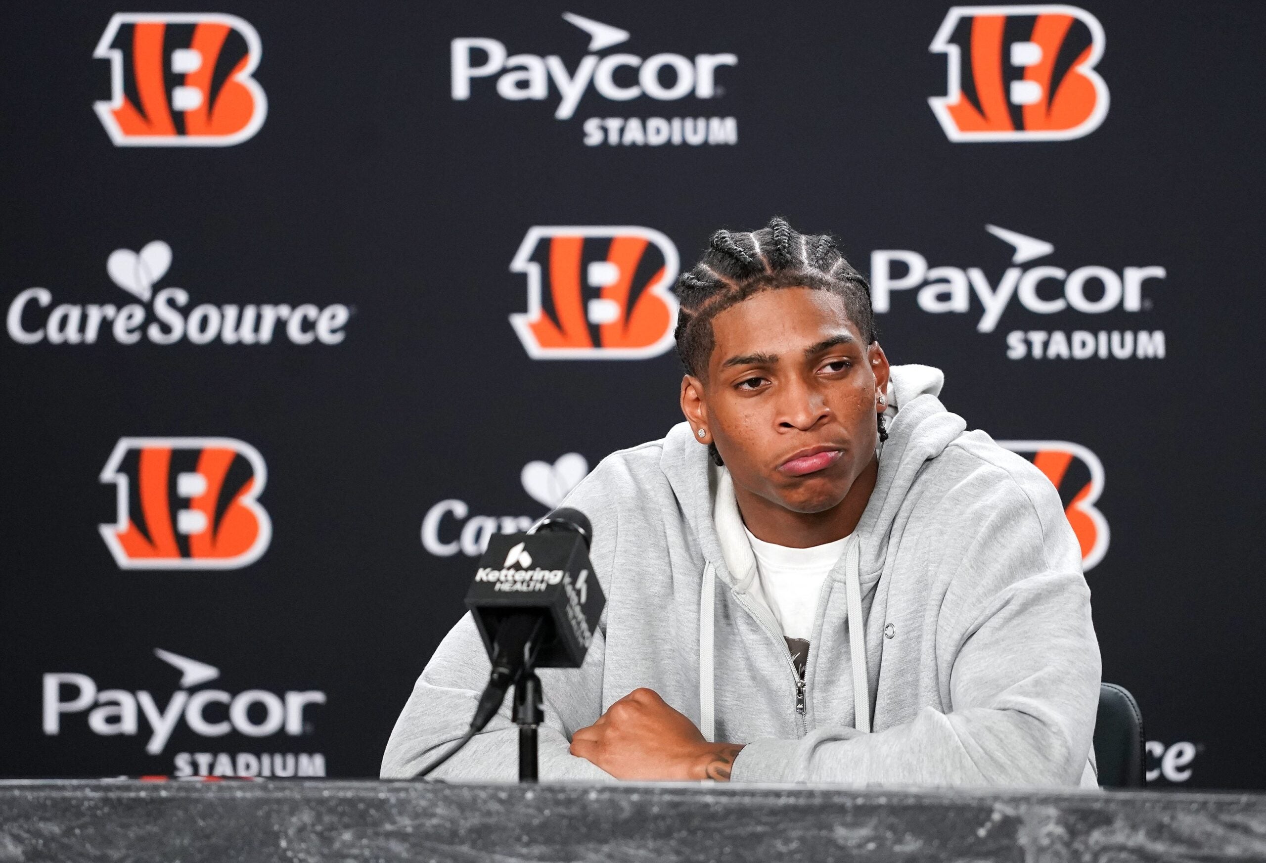 Cincinnati Bengals third round pick Tacario Davis speaks with media during the 2026 NFL Draft, Saturday, April 25, 2026, at Paycor Stadium in downtown Cincinnati.