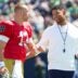 Notre Dame quarterback CJ Carr (13) and head coach Marcus Freeman during the Blue-Gold spring game at Notre Dame Stadium on Saturday, April 25, 2026, in South Bend.