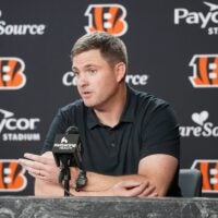 Cincinnati Bengals head coach Zac Taylor speaks with media during the NFL Draft, Saturday, April 25, 2026, at Paycor Stadium in downtown Cincinnati.