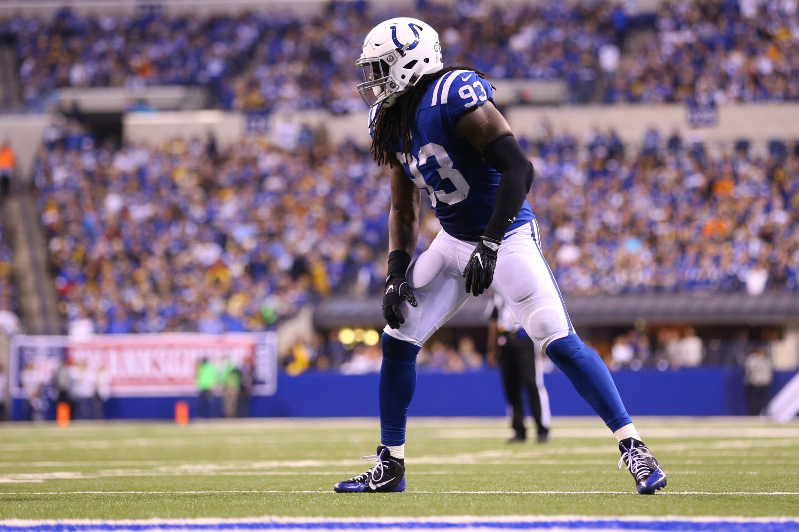 Nov 24, 2016; Indianapolis, IN, USA; Indianapolis Colts outside linebacker Erik Walden (93) against the Pittsburgh Steelers at Lucas Oil Stadium. The Steelers won 28-7.