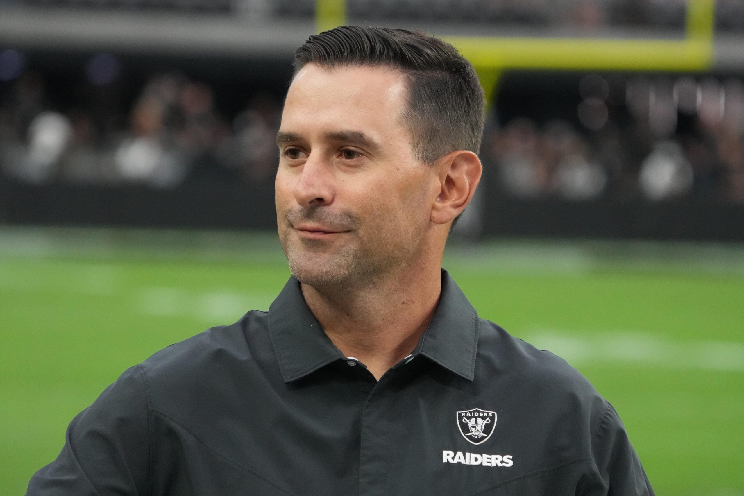 Aug 26, 2022; Paradise, Nevada, USA; Las Vegas Raiders general manager Dave Ziegler reacts during the game against the New England Patriots at Allegiant Stadium.