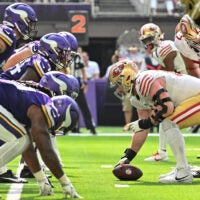 Sep 15, 2024; Minneapolis, Minnesota, USA; The line of scrimmage during the game between the Minnesota Vikings and the San Francisco 49ers at U.S. Bank Stadium.