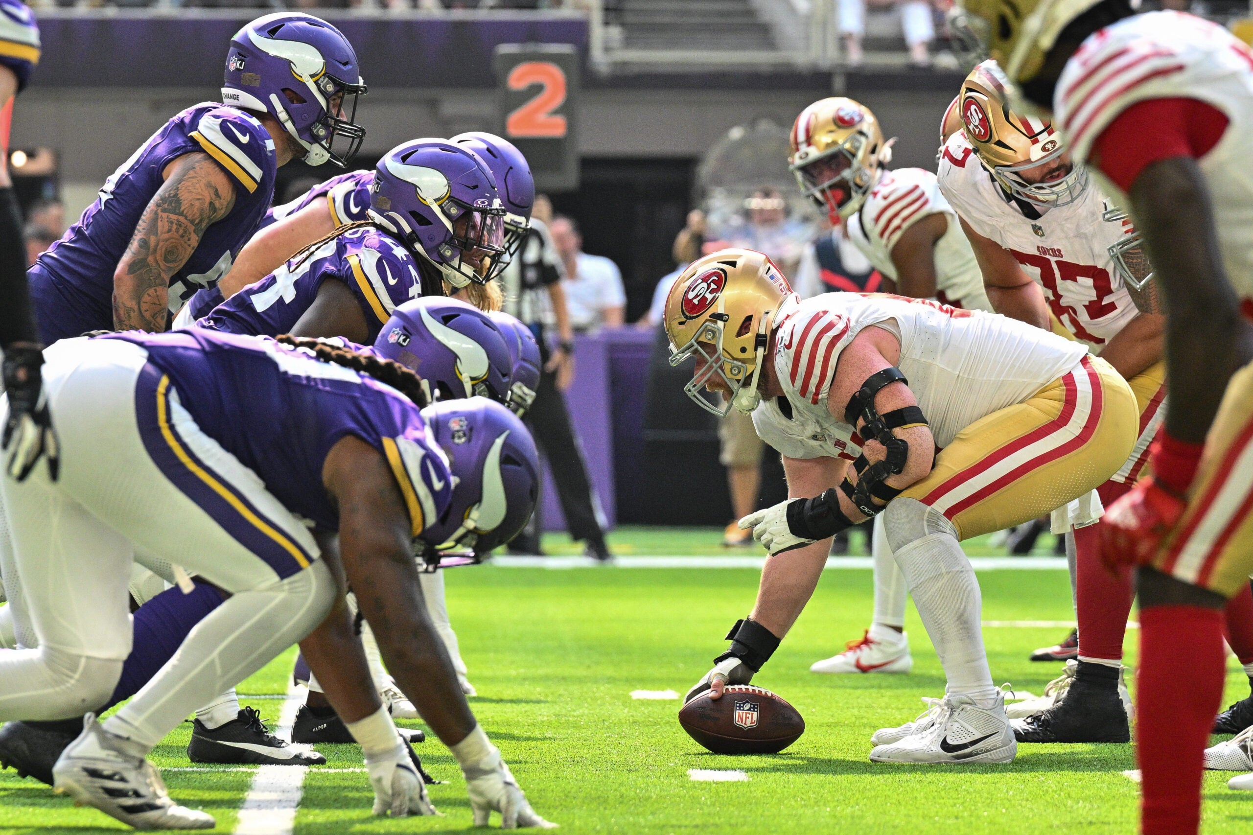 Sep 15, 2024; Minneapolis, Minnesota, USA; The line of scrimmage during the game between the Minnesota Vikings and the San Francisco 49ers at U.S. Bank Stadium.