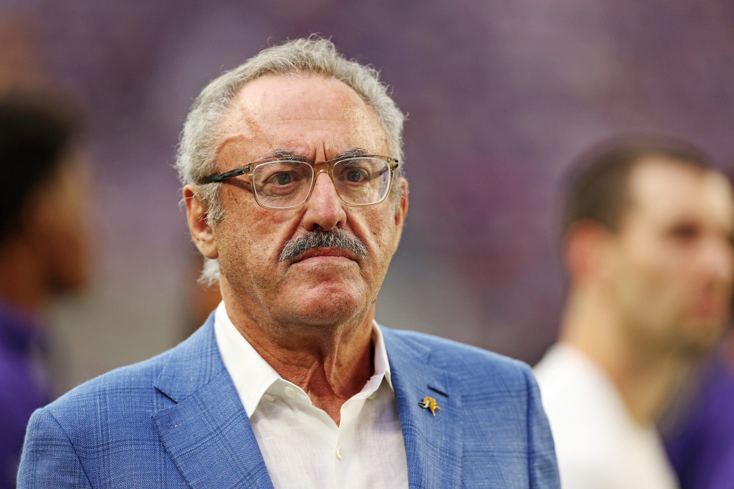 Sep 14, 2025; Minneapolis, Minnesota, USA; Minnesota Vikings owner Zygi Wilf looks on during warmups against the Atlanta Falcons at U.S. Bank Stadium.
