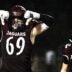 Appoquinimink junior Layton von Brandt (69) celebrates a play, with sophomore Bryce Alleman (15) in the background, against Howard during the football game at Appoquinimink in Middletown on Sept. 19, 2025. Howard won 46-39.