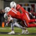 Oct 25, 2025; Cincinnati, Ohio, USA; Baylor Bears tight end Michael Trigg (1) is unable to hold on to a catch as he is tackled by Cincinnati Bearcats linebacker Jake Golday (11) and defensive back Tre Gola-Callard (6) in the second half at Nippert Stadium.