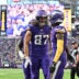 Nov 16, 2025; Minneapolis, Minnesota, USA; Minnesota Vikings wide receiver Jordan Addison (3) and tight end T.J. Hockenson (87) celebrate a touchdown during the fourth quarter against the Chicago Bears at U.S. Bank Stadium.