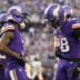 Nov 16, 2025; Minneapolis, Minnesota, USA; Minnesota Vikings wide receiver Jordan Addison (3) and wide receiver Justin Jefferson (18) celebrate a touchdown during the fourth quarter against the Chicago Bears at U.S. Bank Stadium.