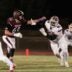 Caravel defensive end Isaac Chukwurah (right) works against Appoquinimink tackle Layton von Brandt in the Jaguars 28-21 DIAA Class 3A football quarterfinal win over the Buccaneers at Appoquinimink High School on Nov. 14, 2025.