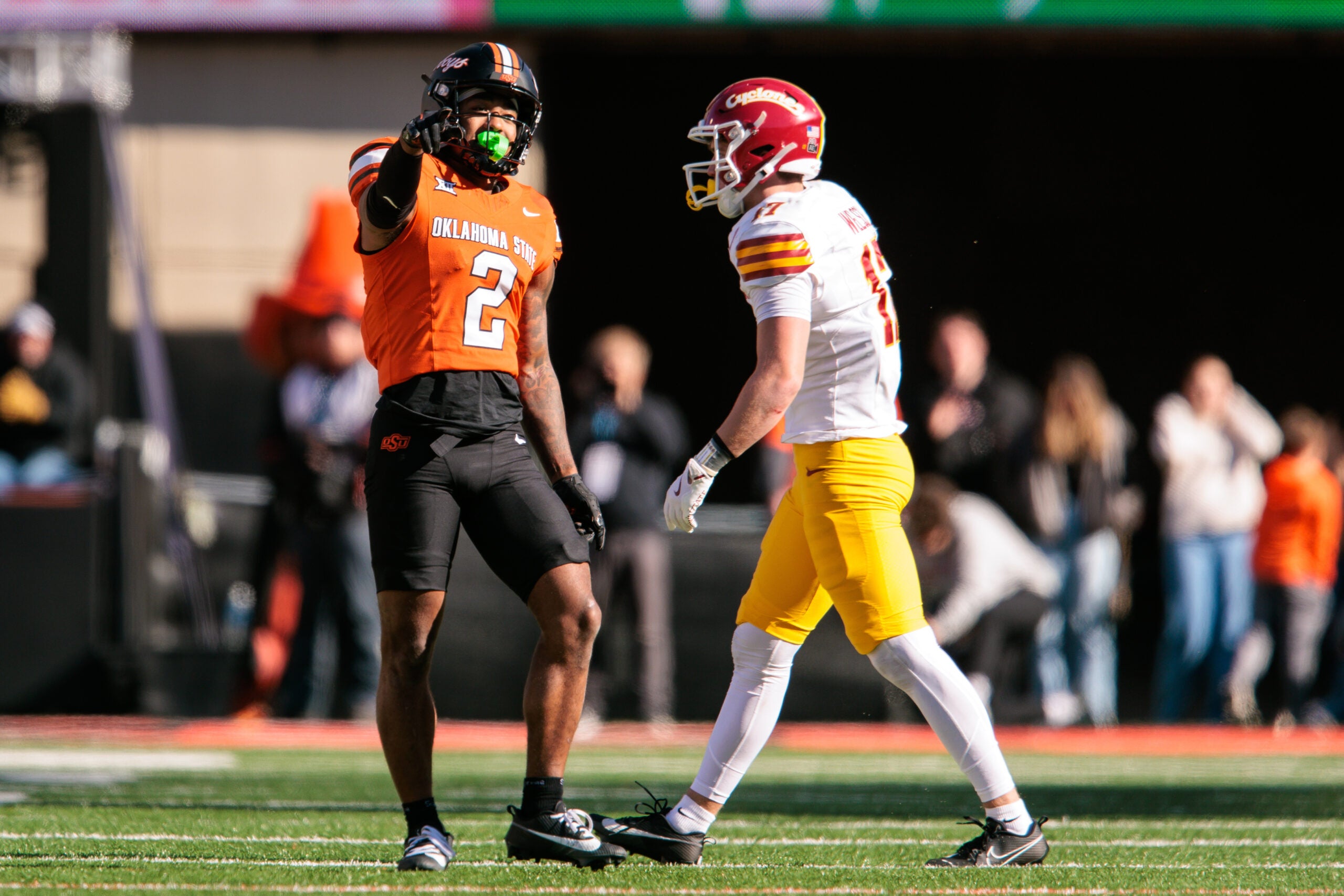 Nov 29, 2025; Stillwater, Oklahoma, USA; Oklahoma State Cowboys wide receiver Terrill Davis (2) reacts after a play during the second half against the Iowa State Cyclones at Boone Pickens Stadium.