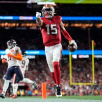 Dec 28, 2025; Santa Clara, California, USA; San Francisco 49ers wide receiver Jauan Jennings (15) runs to score a touchdown against the Chicago Bears in the second half at Levi's Stadium.