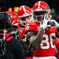 Georgia wide receiver Dillon Bell (86) celebrates after wide receiver Zachariah Branch (1) scored a touchdown during the Sugar Bowl and College Football Playoff quarterfinals at Caesars Superdome in New Orleans, La., on Thursday, Jan. 1, 2026. Ole Miss defeated Georgia 39-34.