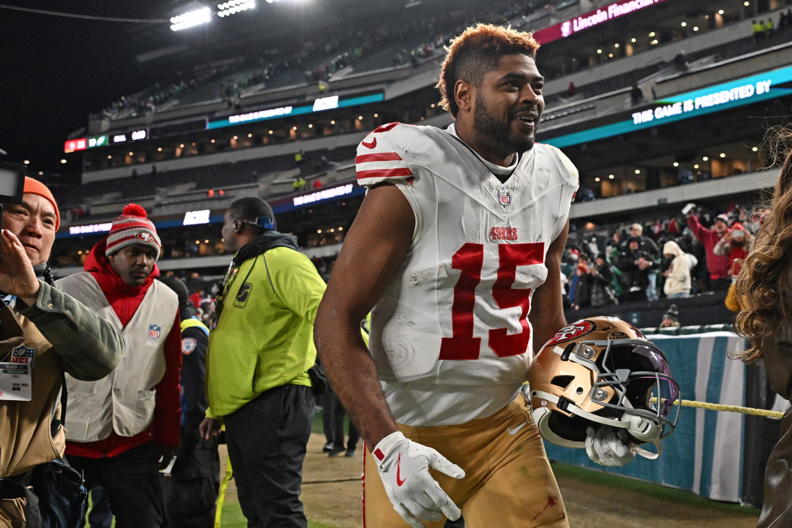 Jan 11, 2026; Philadelphia, PA, USA; San Francisco 49ers wide receiver Jauan Jennings (15) walks off the field after win against the Philadelphia Eagles in an NFC Wild Card Round game at Lincoln Financial Field.