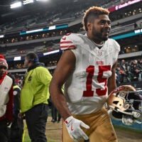 Jan 11, 2026; Philadelphia, PA, USA; San Francisco 49ers wide receiver Jauan Jennings (15) walks off the field after win against the Philadelphia Eagles in an NFC Wild Card Round game at Lincoln Financial Field.