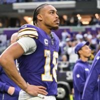 Jan 4, 2026; Minneapolis, Minnesota, USA; Minnesota Vikings wide receiver Justin Jefferson (18) looks on after the game against the Green Bay Packers at U.S. Bank Stadium. Mandatory Credit: