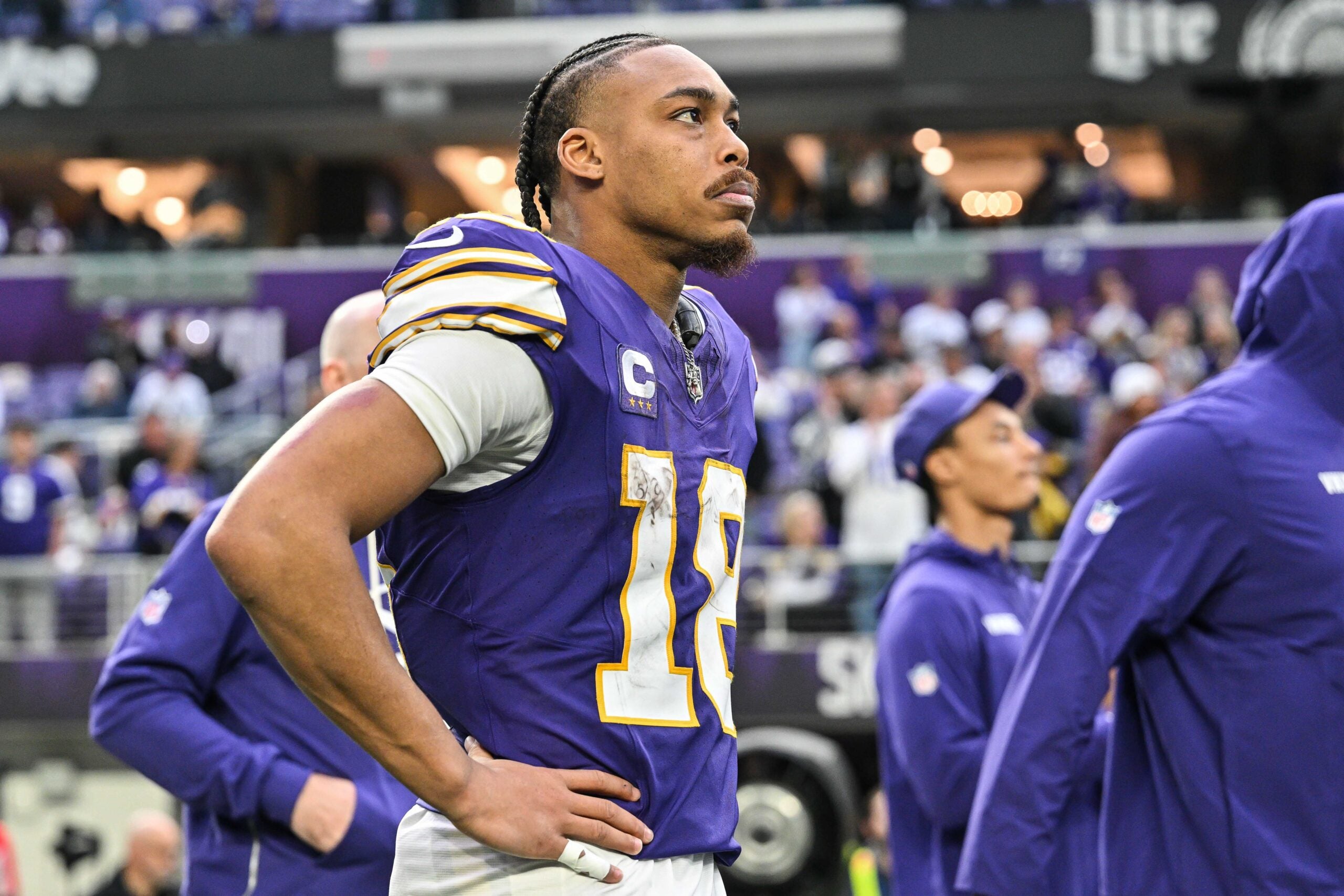 Jan 4, 2026; Minneapolis, Minnesota, USA; Minnesota Vikings wide receiver Justin Jefferson (18) looks on after the game against the Green Bay Packers at U.S. Bank Stadium. Mandatory Credit: