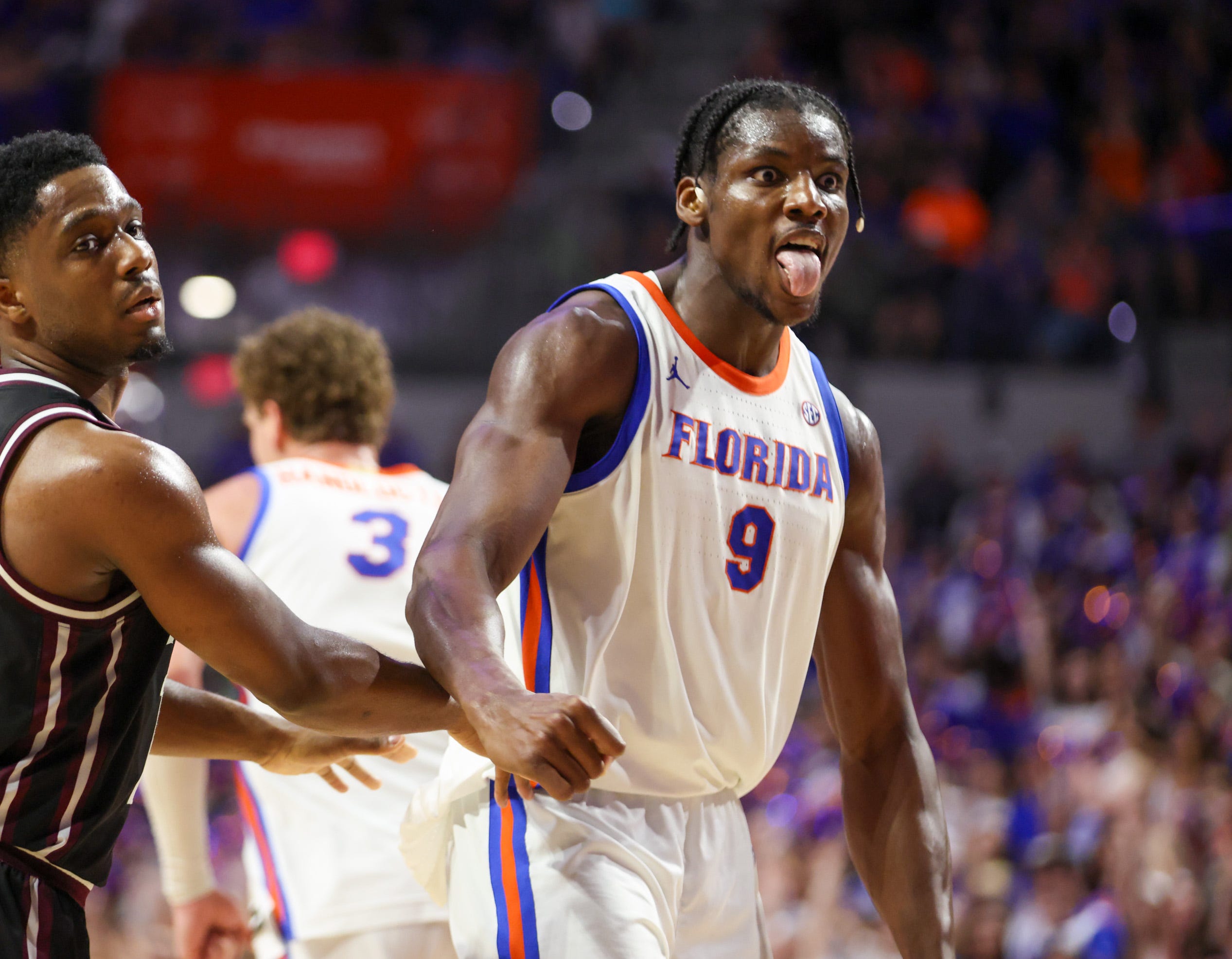 Florida center Rueben Chinyelu (9) celebrates a dunk during the second half of an NCAA mens basketball game at Steven C. O'Connell Center Exactek arena in Gainesville, FL on Tuesday, March 3, 2026.