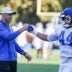 Florida head coach Jon Sumrall encourages Florida inside linebacker Myles Johnson (44) during UF spring practice at Sanders Practice Fields in Gainesville, FL on Tuesday, March 10, 2026.
